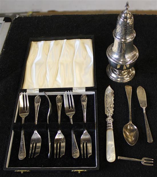 Silver caster, set of pastry forks and 4 other silver items
